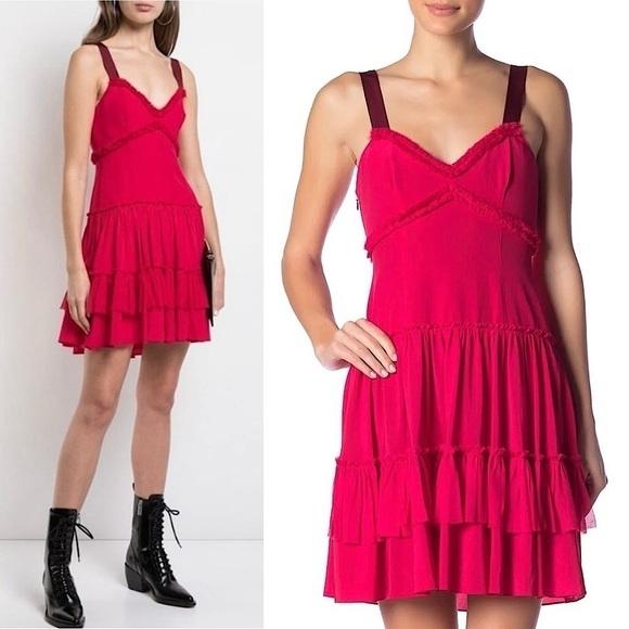 NWT CINQ A SEPT Silk Ruffle Tier Sleeveless Fringe Trim Babydoll Slip Dress 4 - Picture 1 of 9